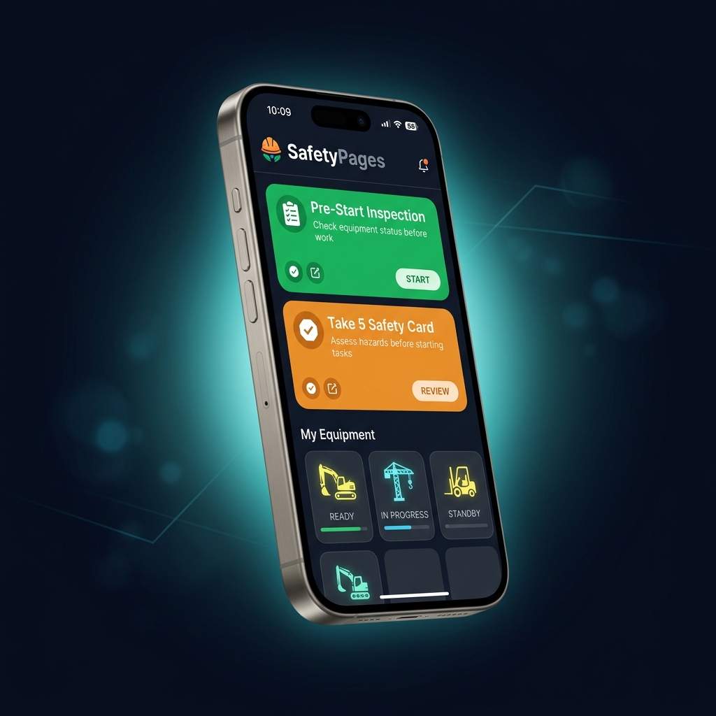 SafetyPages app showing pre-start inspection and Take 5 safety cards
